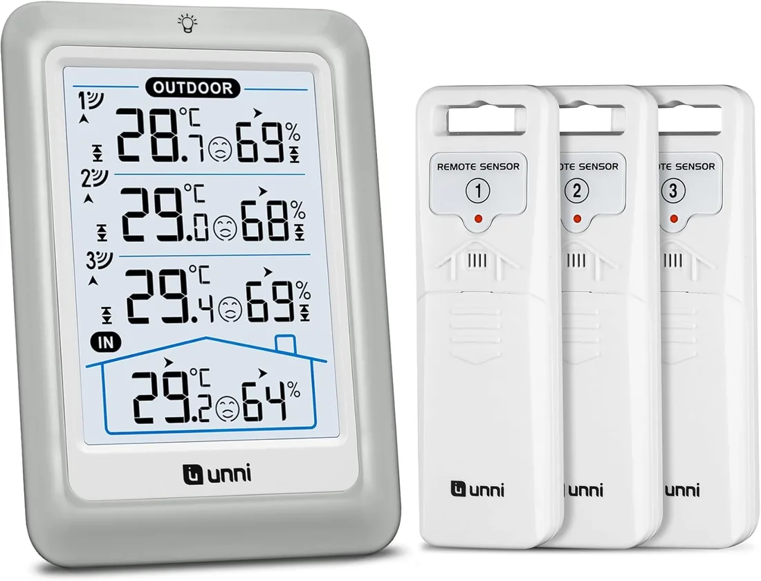 Termómetro inalámbrico para interiores y exteriores con 3 Sensor, funciona con USB y baterías, Sensor remoto de 100 m de alcance y pantalla con retroiluminación (Blanco Gris) foto 2