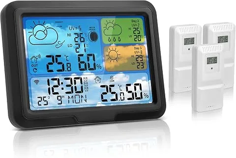 Estación Meteorológica Con 3 Sensores Externos,Con Aplicación Tuya Y Smartlife,Pantalla Lcd Colorida,Alarma,Despertador,Pronóstico Del Tiempo,Estacion Meteorologica Wifi Para Interior Exterior
