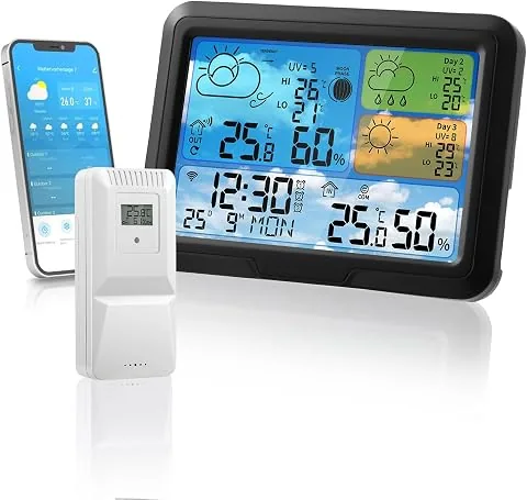 Estación Meteorológica Conectada con Sensor Exterior,con App Tuya y Smartlife,Pantalla LCD Colorida,Alarma,Pronóstico del Tiempo,Estación Meteorológica Inalámbrica para Interior y Exterior (Weiß1)