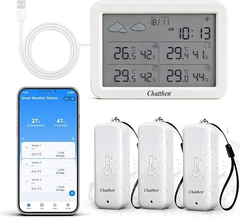 Estacion Meteorologica Wifi, Estacion Meteorologica Interior Exterior, Higrometro Termometro Exterior con Fecha y Pronóstico del Tiempo, 1 Pantalla y 3 Sensors Inalámbrico Remoto