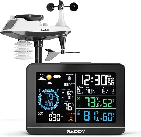 Raddy UV-6 Estación Meteorológica Profesional con Pantalla VA de 6" y Sensor Exterior, Termohigrómetro Inalámbrico Interior/Exterior, Reloj Atómico, Índice UV y Luz, Anemómetro, Pluviómetro