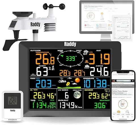 Raddy WF-100C Estación meteorológica wifi profesional con sensor inalámbrico para exteriores, pantalla de 8", barómetro, indicador de viento, indicador de lluvia, sensor solar para el hogar, el jardín foto 2