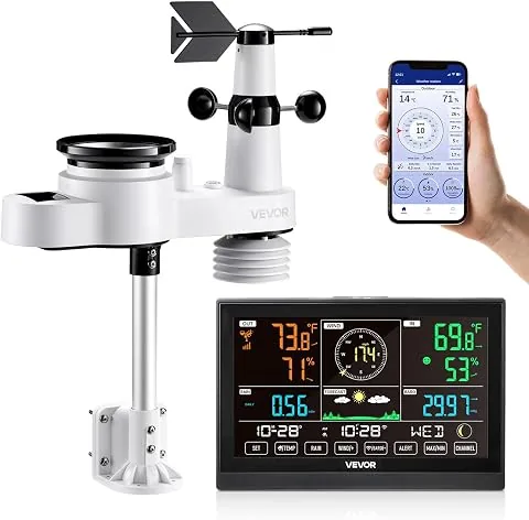 VEVOR 5 en 1 Estación Meteorológica Solar Wifi, con Pantalla VA de 190,5 mm, Sensor Solar Exterior, Pronóstico del Tiempo, Temperatura, Humedad, Precipitaciones, Velocidad y Dirección del Viento