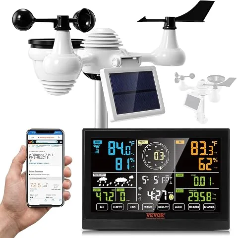 VEVOR 7 en 1 Estación Meteorológica Inalámbrica Wifi Interior Exterior Gran Pantalla a Color de 7,5" Estación Meteorológica Digital Temperatura Humedad Velocidad Dirección del Viento Sensor de Lluvia