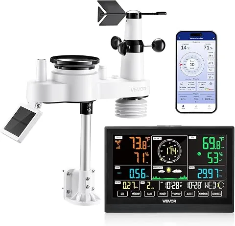 VEVOR Estación Meteorológica Wifi 7 en 1, con App, Pantalla VA de 190,5 mm, Sensor Solar Inalámbrico, Pluviómetro, Pronóstico del Tiempo, Velocidad del Viento, Temperatura, Humedad y Precipitación