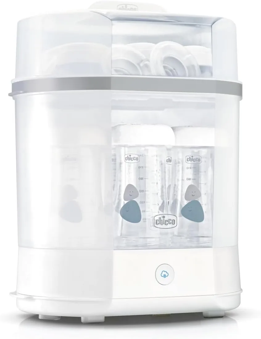 Chicco Esterilizador Eléctrico, Esterilizador de Biberones, Sacaleches y Chupete, con 3 Configuraciones y Apagado Automático, Apto para Microondas, Universal hasta 6 Biberones de 330 ml, Blanco
