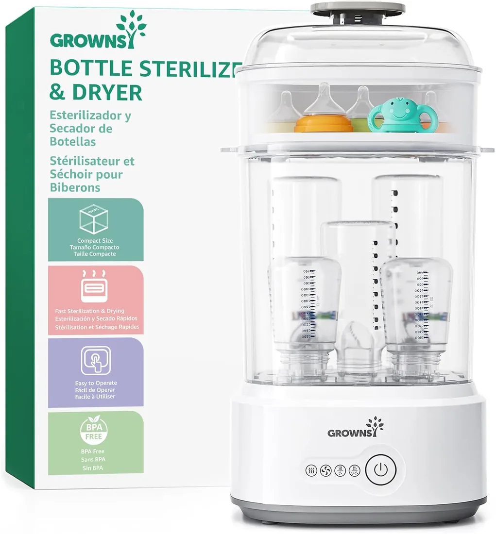 Grownsy Esterilizador y Secador de Biberones Eléctrico 5 en 1 | Esterilización a Vapor en 8 Min, Secado Automático, Diseño Modular Compacto, para Biberones y Accesorios de Sacaleches