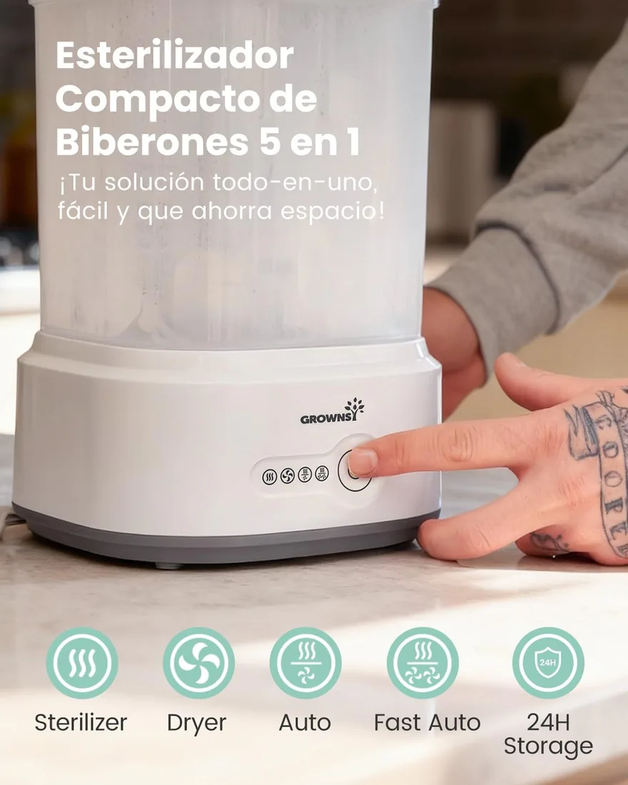 Grownsy Esterilizador y Secador de Biberones Eléctrico 5 en 1 | Esterilización a Vapor en 8 Min, Secado Automático, Diseño Modular Compacto, para Biberones y Accesorios de Sacaleches foto 2