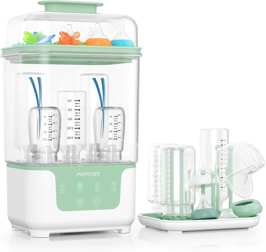 Momcozy BS04 esterilizador de biberones, 6 biberones, 8 min esteriliza | secado en 30 min, almacenamiento higiénico hasta 72 h, diseño compacto un 19 % menor, soporte de secado incluido