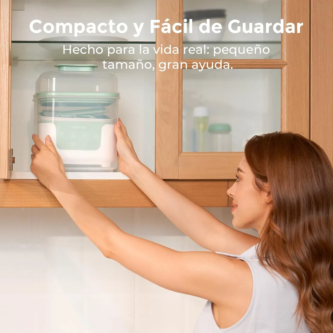 Momcozy BS04 esterilizador de biberones, 6 biberones, 8 min esteriliza | secado en 30 min, almacenamiento higiénico hasta 72 h, diseño compacto un 19 % menor, soporte de secado incluido foto 2
