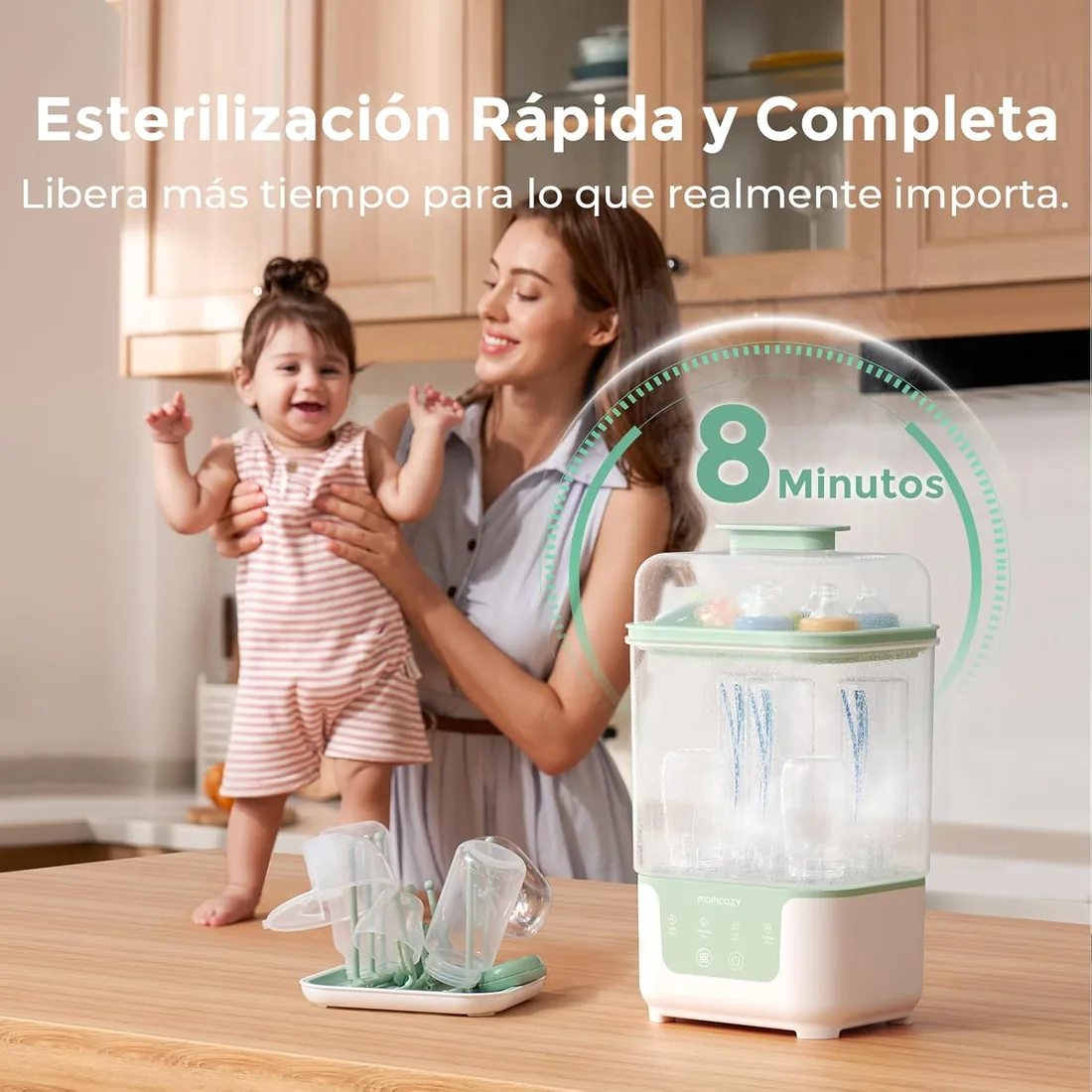 Momcozy BS04 esterilizador de biberones, 6 biberones, 8 min esteriliza | secado en 30 min, almacenamiento higiénico hasta 72 h, diseño compacto un 19 % menor, soporte de secado incluido foto 3