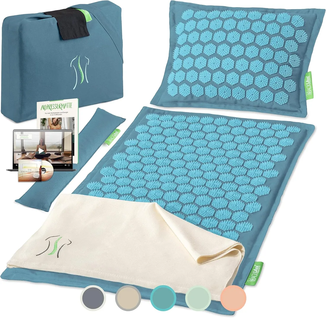BACKLAXX® Esterilla de Acupresión con Almohada, Esterilla Masaje Espalda | Set esterilla acupresion: almohada, toalla, cojín lumbar, bolsa, esterilla de picos en medio lino