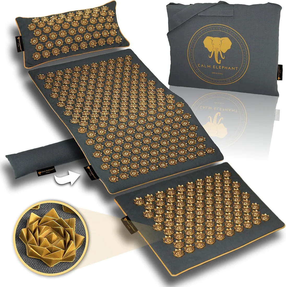 CALM ELEPHANT ORIGINAL Esterilla de Acupresión con Cojín XXL Set Genuine 5 Piezas, Masaje Espalda, Libera Tensiones, Cojín con Calor, Cojín Lumbar, Esterilla Pies y Bolsa - Gris