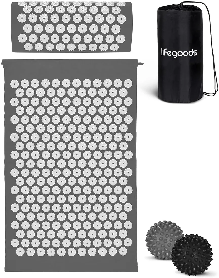 LifeGood Esterilla Acupresion - Eco - Con Cojín, Bolas de Masaje y Bolsa - Almohada - Colchoneta de Acupuntura Relajación y Alivio del Dolor - Flor de Loto - Gris & Bianco foto 3
