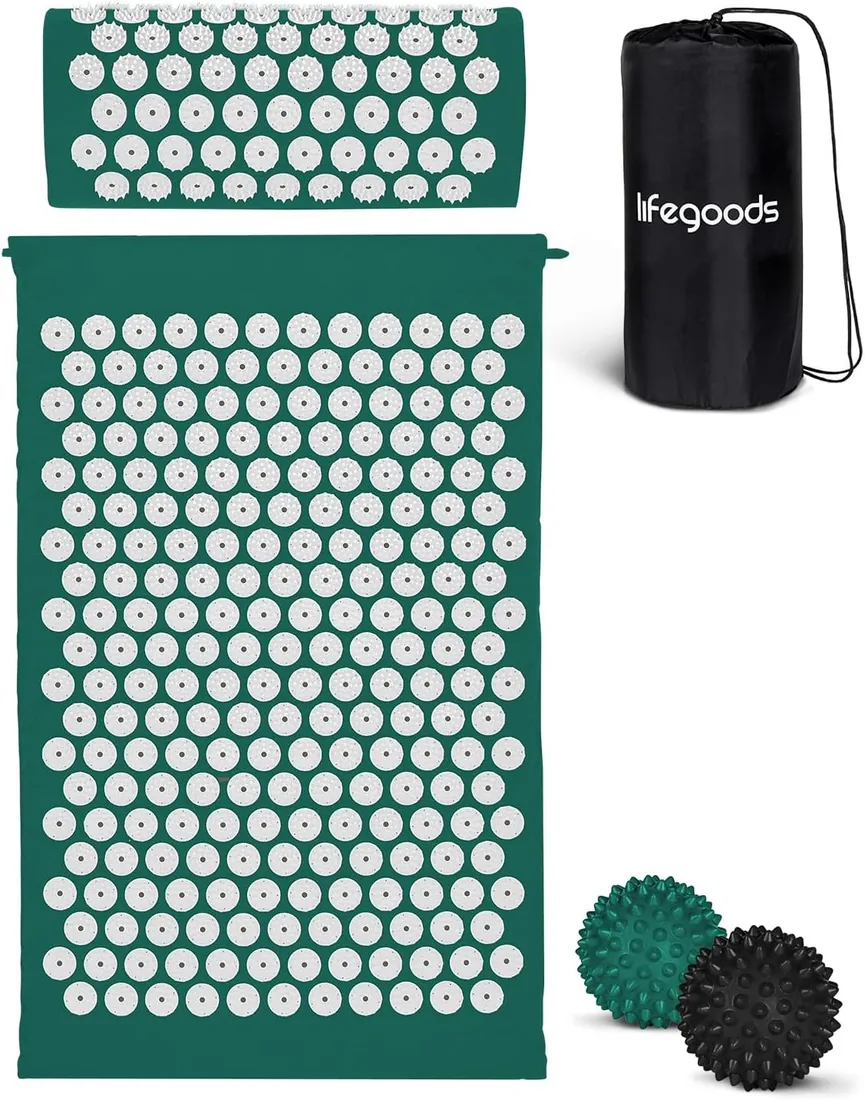 LifeGood Esterilla Acupresion - Eco - Con Cojín, Bolas de Masaje y Bolsa - Almohada - Colchoneta de Acupuntura Relajación y Alivio del Dolor - Flor de Loto - Bianco & Verde