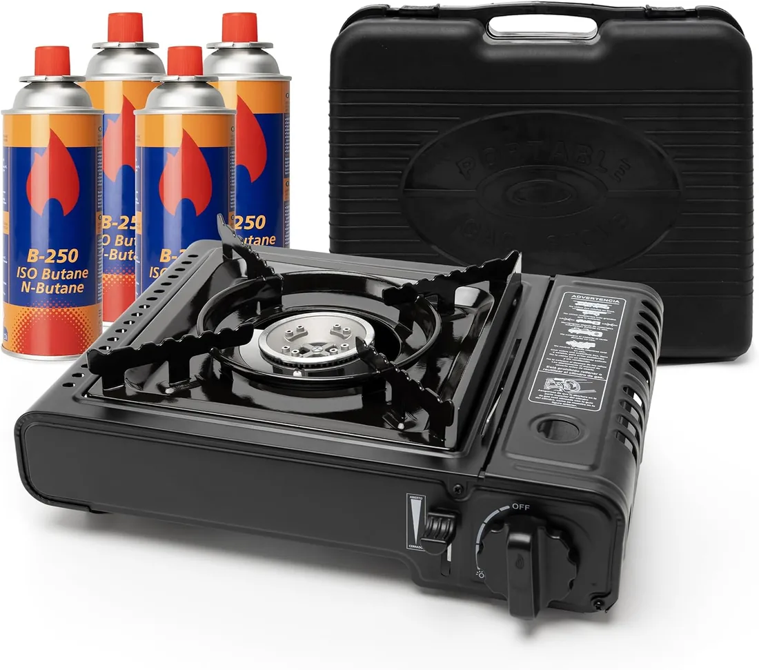 BESCH Hornillo de Gas Portátil para Acampada con Maletín + 4 Cartucho de Gas Butano - Estufa de Camping con Protección contra Sobrecalentamiento Compatible con Cartuchos de Gas Butano