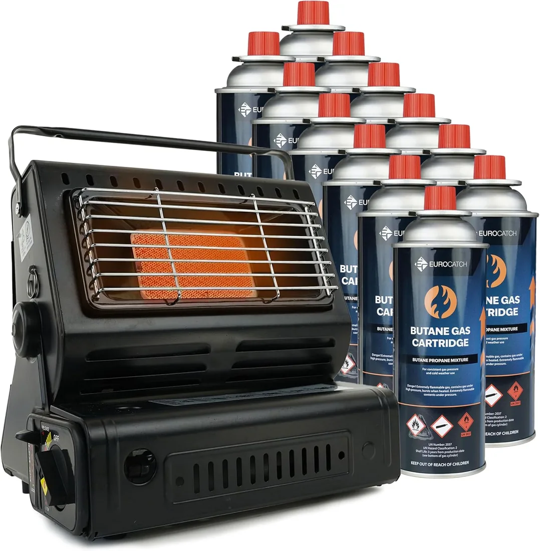 Calefactor de gas - Incl. 12 Bombonas de gas - Estufa - Calentador de patio - Calentador Portátil - Ajustable - Butane