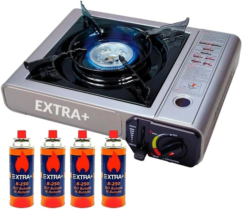 COCINA PORTÁTIL DOBLE + QUEMADOR GAS 4 BOTELLAS MALETÍN ESTUFA CAMPING