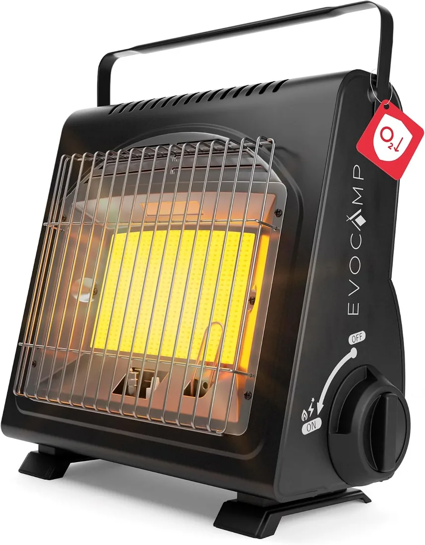 EVOCAMP mini calefactor de gas butano, calefactor portátil para camping de 1,7 kW, calefacción de gas de cerámica para uso en exteriores con sensor de agotamiento de oxígeno (ODS)