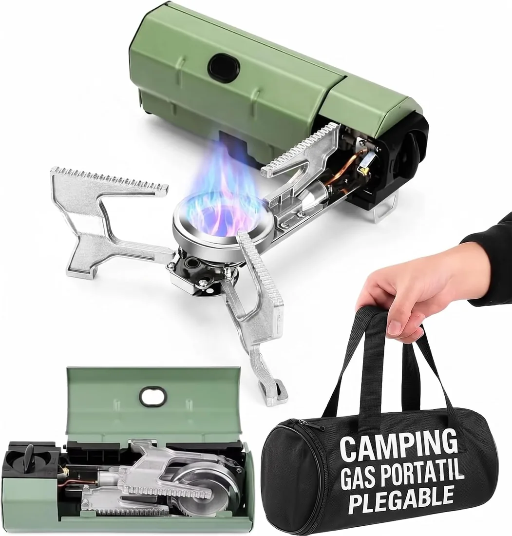 Pure 4Home - Camping Gas Portatil Plegable con Encendido | Hornillo Camping Compacto 2600W | Cocina de Gas Portátil Butano | Compatible Cartucho Universal | Ideal Caravanas, Emergencias, Exterior