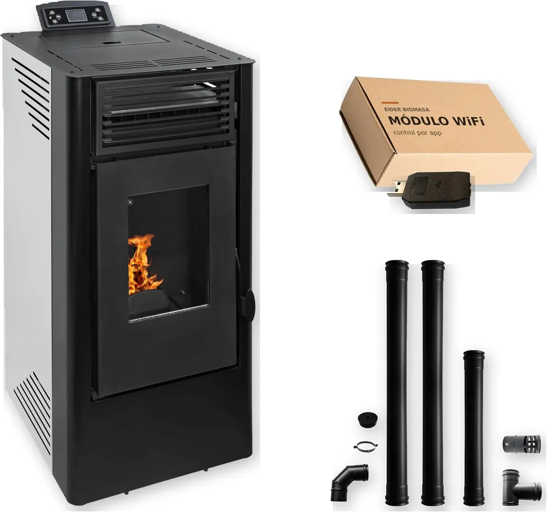 EIDER BIOMASA Estufa de Pellets ANDRÓMEDA 9 – 8,99 kW – Rendimiento 94% – Hasta 210 m³ – Tolva 15 kg – Programable WiFi – Encendido Rápido – Clase A++ + Kit Tubos Ø80 mm + Módulo WiFi