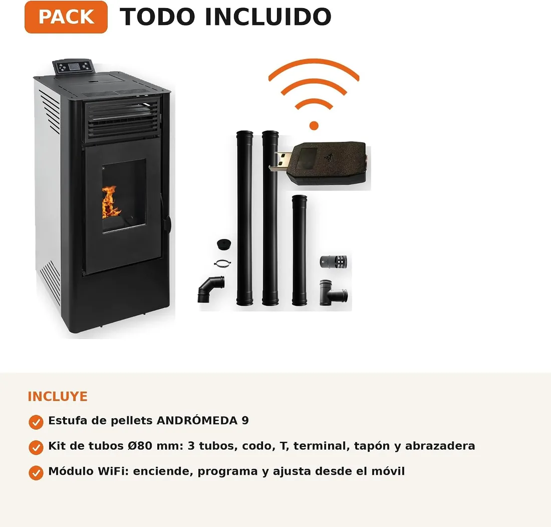 EIDER BIOMASA Estufa de Pellets ANDRÓMEDA 9 – 8,99 kW – Rendimiento 94% – Hasta 210 m³ – Tolva 15 kg – Programable WiFi – Encendido Rápido – Clase A++ + Kit Tubos Ø80 mm + Módulo WiFi foto 2