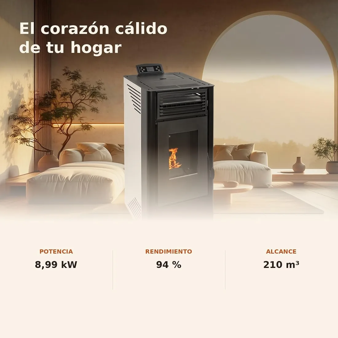 EIDER BIOMASA Estufa de Pellets ANDRÓMEDA 9 – 8,99 kW – Rendimiento 94% – Hasta 210 m³ – Tolva 15 kg – Programable WiFi – Encendido Rápido – Clase A++ + Kit Tubos Ø80 mm + Módulo WiFi foto 3