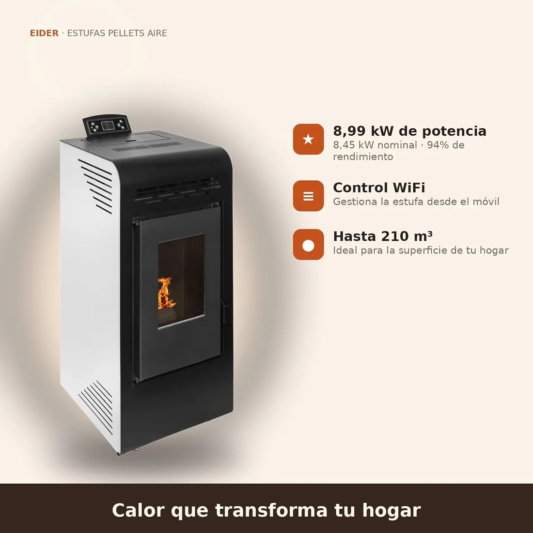 EIDER BIOMASA Estufa de Pellets POWER 9 PLUS – 7,92 kW (máx. 8,74 kW) – Rendimiento 94% – Hasta 210 m³ – Tolva 15 kg – Programable WiFi – Encendido Rápido – Clase A+ – Blanco foto 2