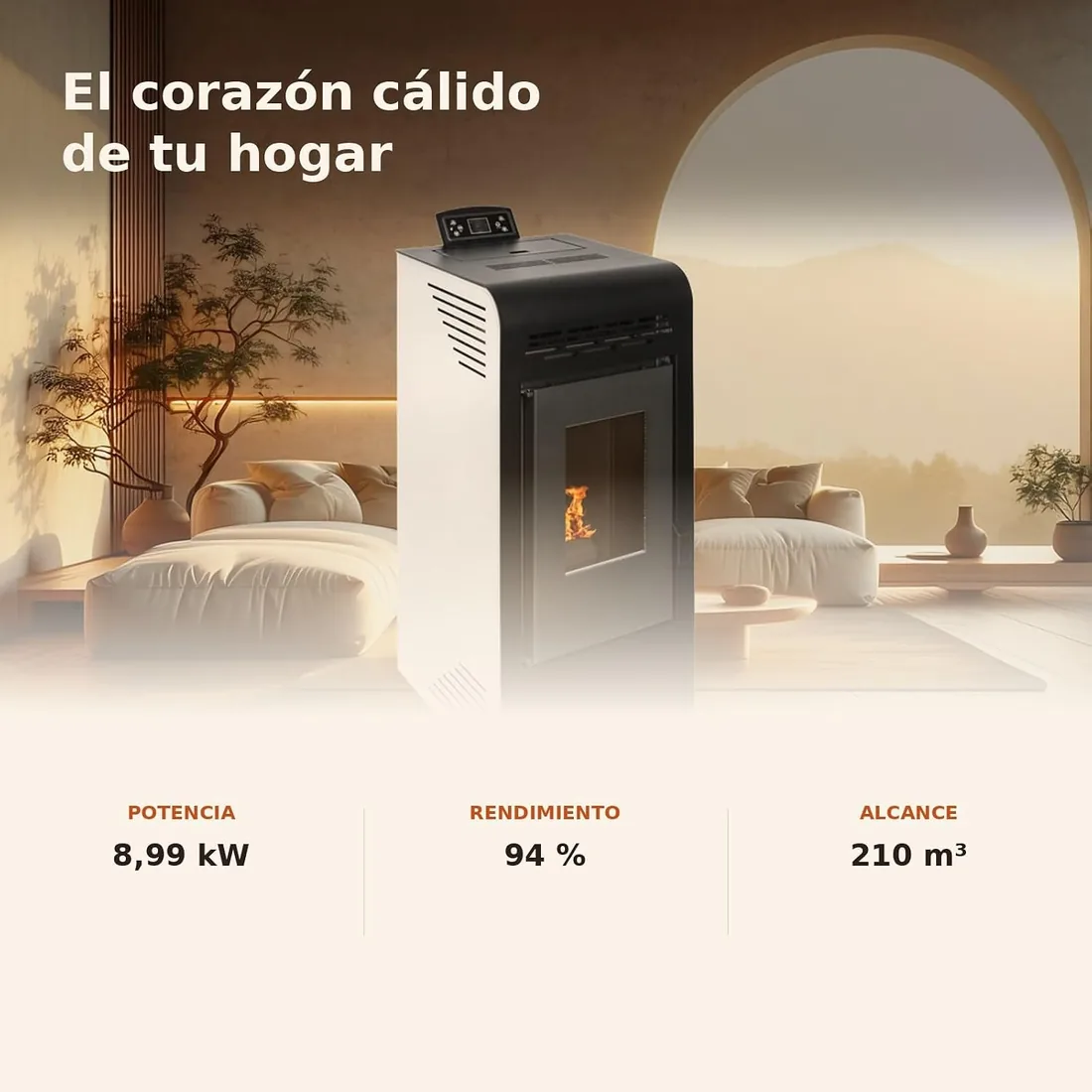 EIDER BIOMASA Estufa de Pellets POWER 9 PLUS – 7,92 kW (máx. 8,74 kW) – Rendimiento 94% – Hasta 210 m³ – Tolva 15 kg – Programable WiFi – Encendido Rápido – Clase A+ – Blanco foto 3