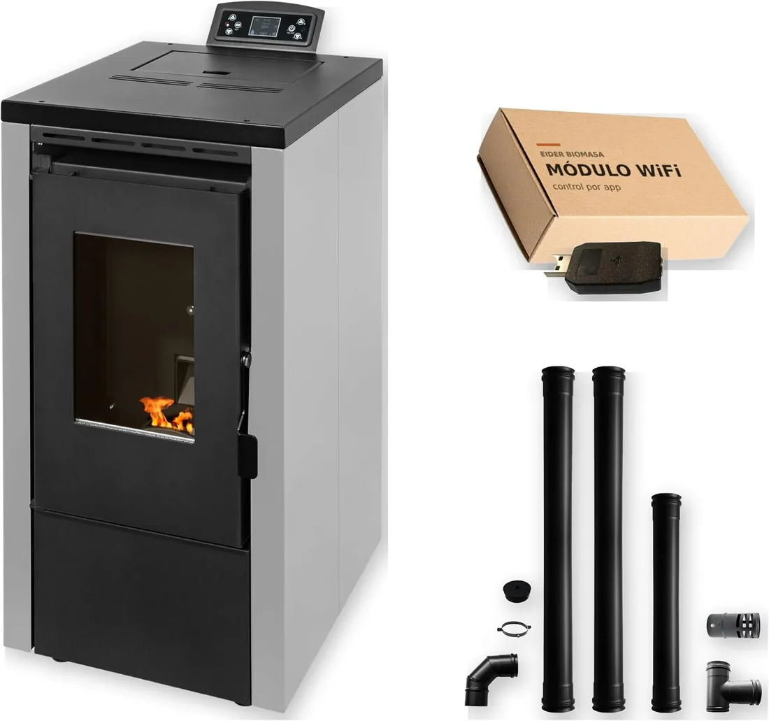EIDER BIOMASA Estufa de Pellets VEGA 7 – 7,1 kW – Compacta – Rendimiento 94% – Hasta 175 m³ – Tolva 13 kg – Programable WiFi y Mando – Encendido Rápido – Clase A++ + Kit Tubos Ø80 mm + Módulo WiFi