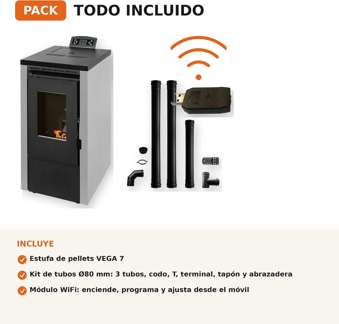 EIDER BIOMASA Estufa de Pellets VEGA 7 – 7,1 kW – Compacta – Rendimiento 94% – Hasta 175 m³ – Tolva 13 kg – Programable WiFi y Mando – Encendido Rápido – Clase A++ + Kit Tubos Ø80 mm + Módulo WiFi foto 2