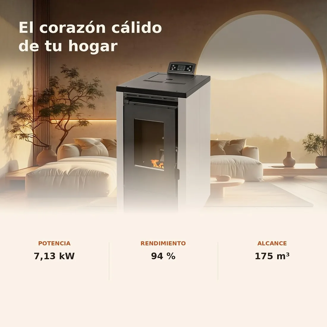 EIDER BIOMASA Estufa de Pellets VEGA 7 – 7,1 kW – Compacta – Rendimiento 94% – Hasta 175 m³ – Tolva 13 kg – Programable WiFi y Mando – Encendido Rápido – Clase A++ + Kit Tubos Ø80 mm + Módulo WiFi foto 3