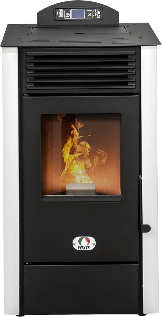 STUFE A PELLET ITALIA California, 8 kW, 91% calefacción, 70 m², 20 horas de duración, programable 5 velocidades y potencia, diseño compacto, 24 meses, blanco