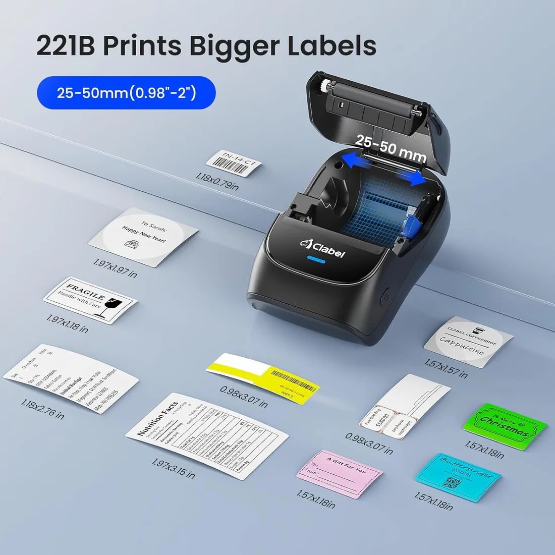 CLABEL 221B Etiquetadora Bluetooth Portátil con 3 Rollos de Etiquetas | Impresora térmica sin tinta, etiquetas de terceros, 25-50mm, móvil y PC, para hogar, oficina y pequeños negocios precios foto 3