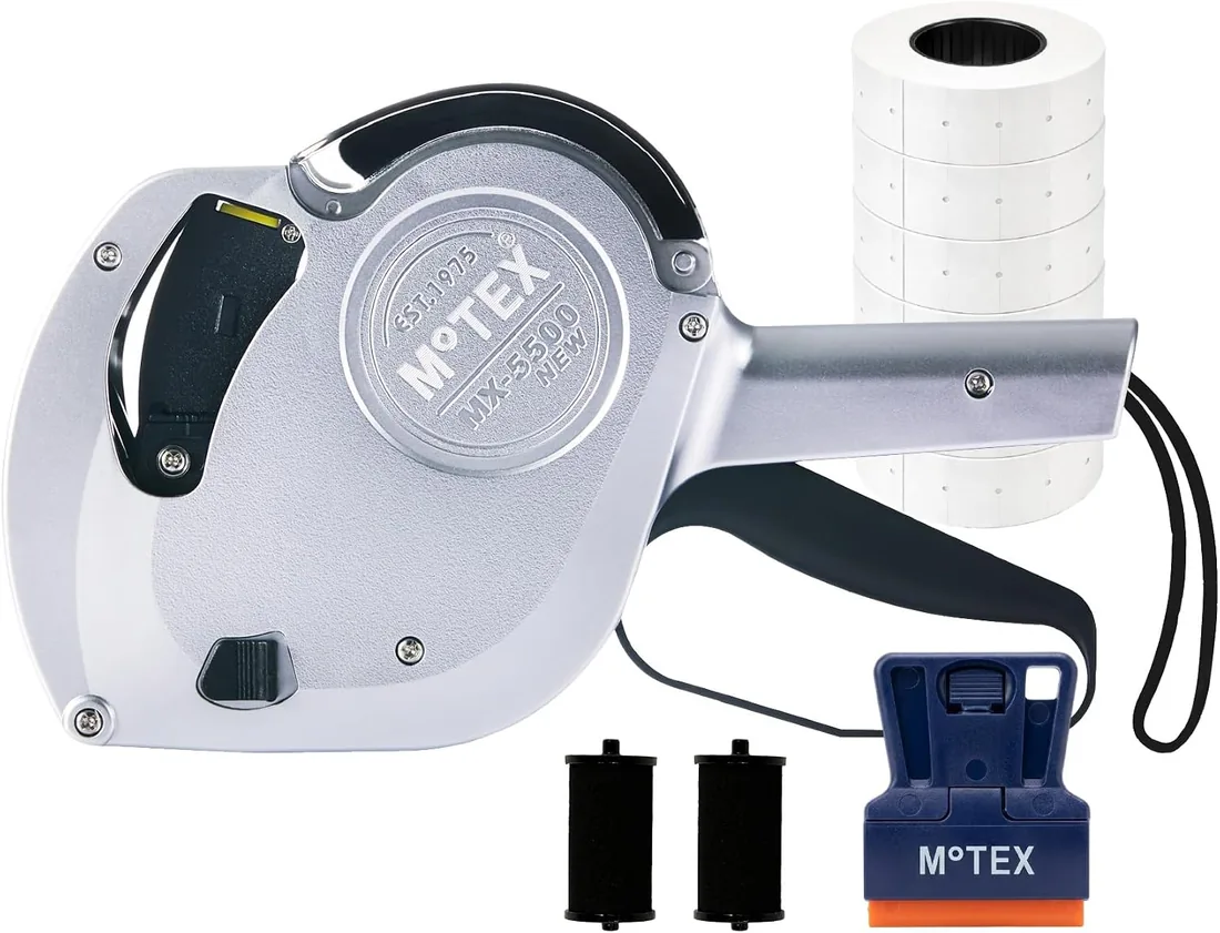Motex MX-5500NEW - Pistola de etiquetas de precios original, 3 rodillos de tinta incluidos, 8 rollos de etiqueta incluidos, plata, 1 pistola de precios de línea, pistola de etiquetado de fecha, lista