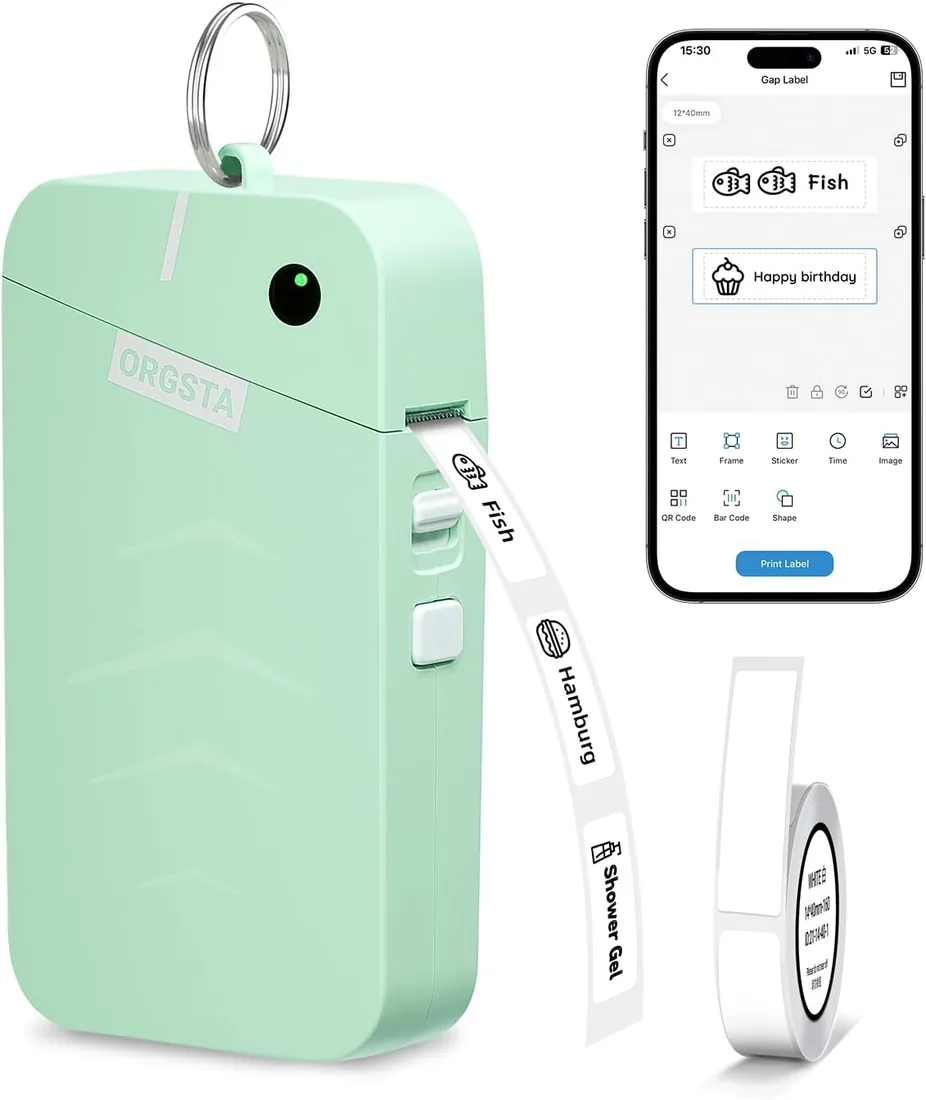 ORGSTA S001 Etiquetadora Bluetooth Portátil Impresora de Etiquetas Adhesivas Mini Etiquetadora Térmica para Hogar, Oficina, Escuela, 2000 mAh Batería incluida Compatible con iOS y Android