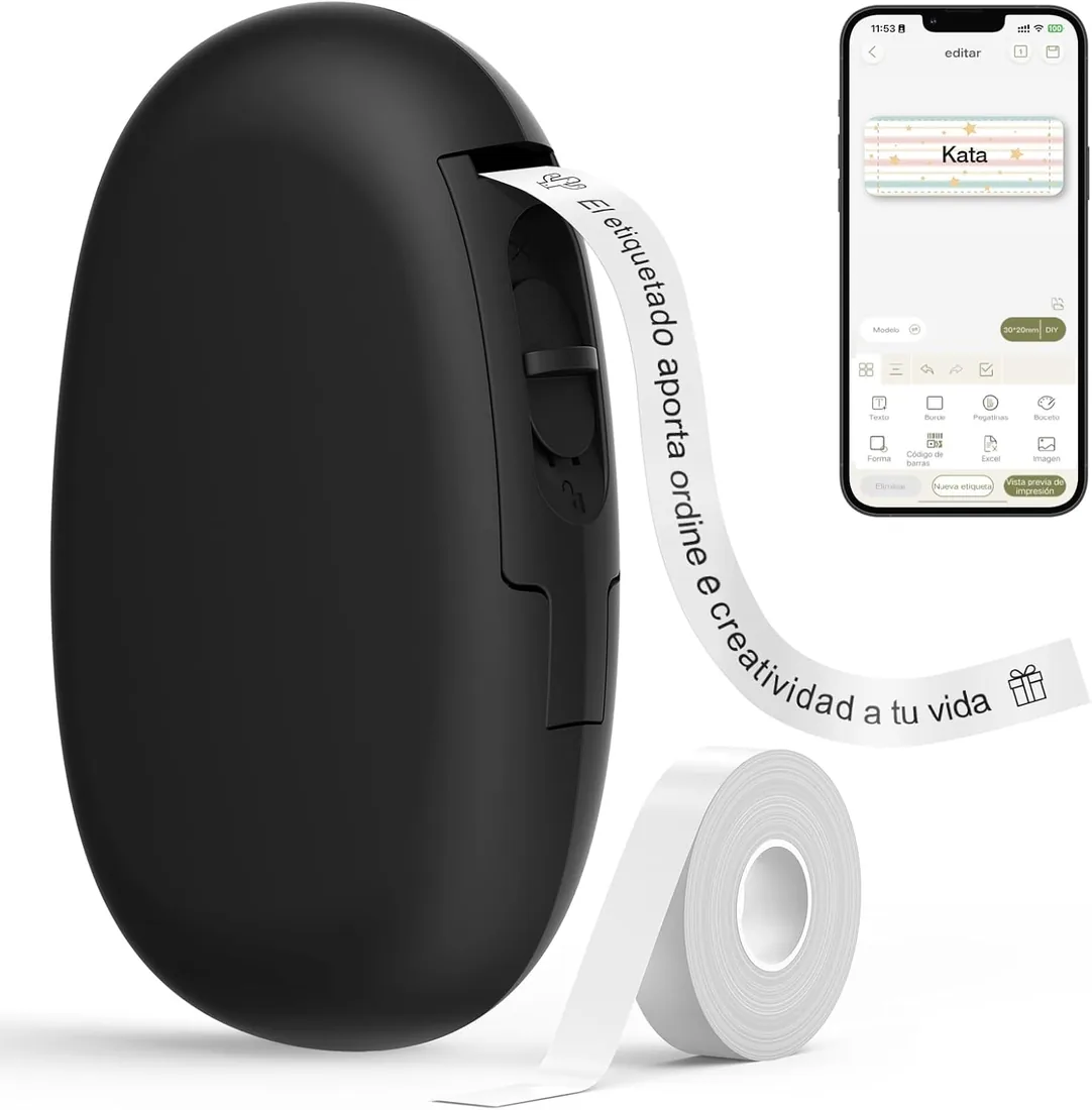SUPVAN E10 Etiquetadora Bluetooth con Etiquetas Adhesivas Continuas, Negro | App con 30+ Fuentes y 600+ Símbolos, Recargable, Compatible con 40+ Tipos de Etiquetas, Ideal para Hogar, Escuela, Oficina