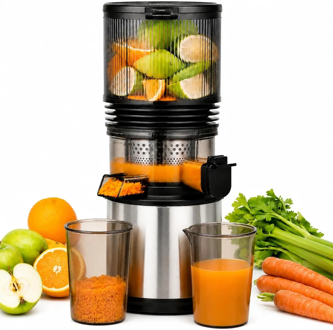 AMZCHEF Extractor de Zumos 158 mm Boca XXL, Licuadora de Prensado en Frío foto 2