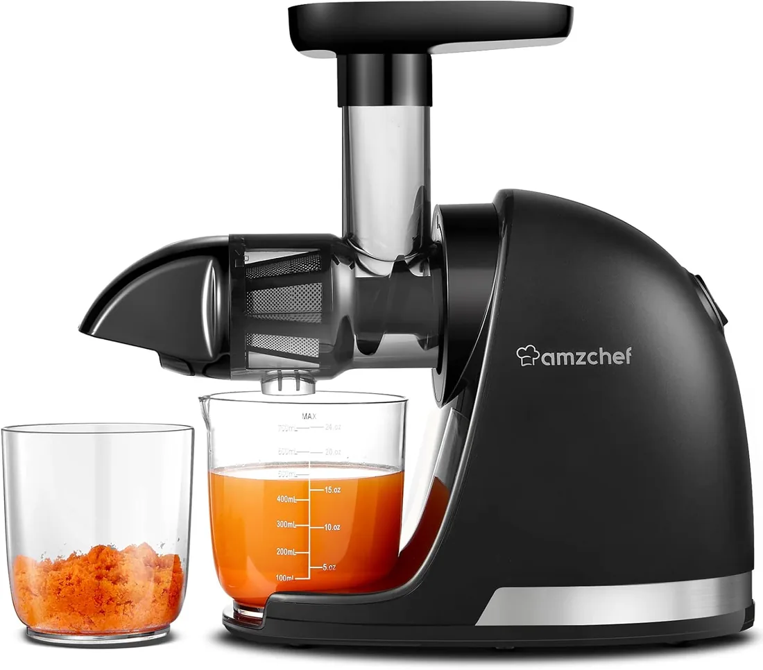 AMZCHEF Licuadora prensado en frío - Extractor de zumos y verduras - Licuadoras para zumos con 2 depósitos y cepillo - Cold press slow juicer machine con función de masticación inversa - Negro Mate foto 3