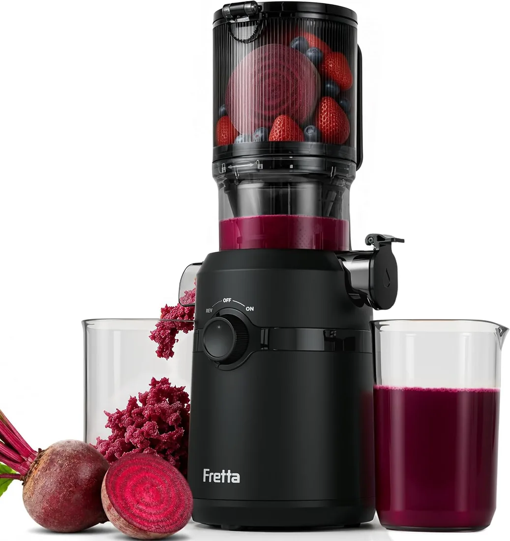 Fretta Extractor de Zumos y Verduras, Apertura de 108MM y Capacidad de 1L, Licuadora Prensado en Frio para Verduras Frutas Enteras, 200W Slow Juicer Machine, Fácil Montaje y Limpieza, Sin BPA (Negro) foto 2