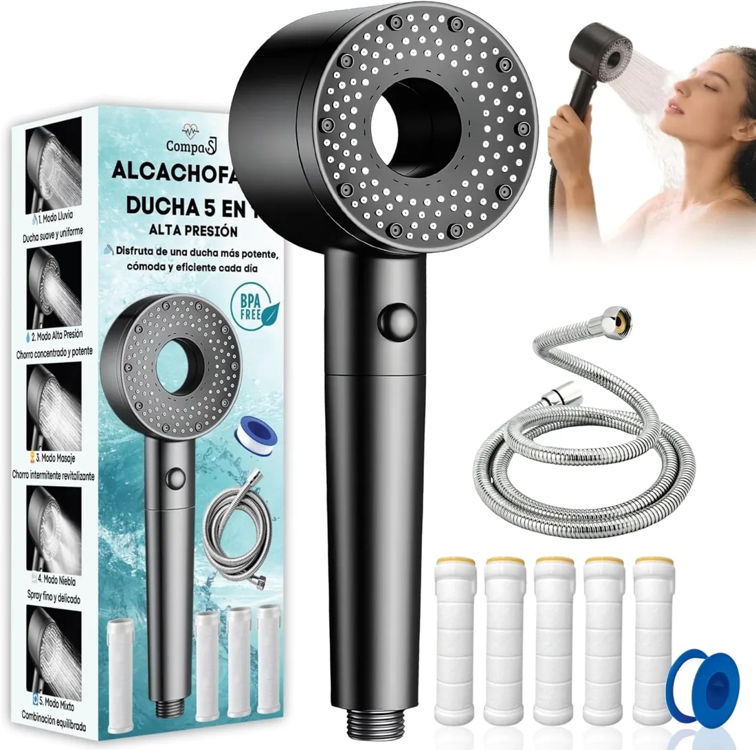 Alcachofa de ducha con Filtro - Cabezal de Ducha de Alta Presión con Manguera 1,5 M - 5 Filtros Antical + PTFE - 5 Modos de Rociado, Mejora la Calidad del Agua, Ahorro de Agua - Libre de BPA