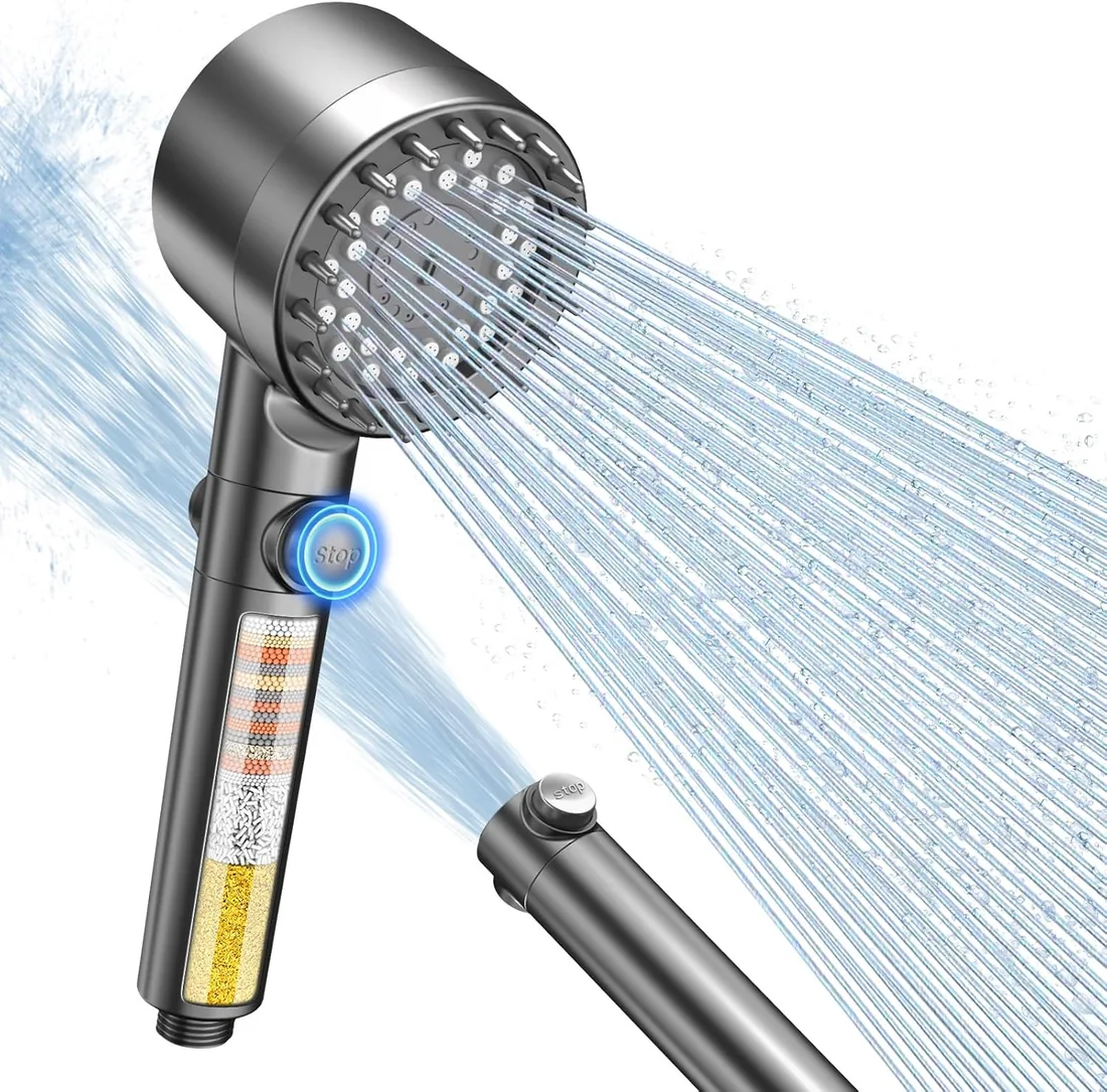 FEELSO Alcachofa de Ducha con Filtro de 15 Capas, Alta Presión, Antical | Alcachofa Ducha con 3+1 Modos de Chorro, Cabezal de Ducha con Botón de Pausa y Ahorro de Agua para Agua Dura, Gris foto 3