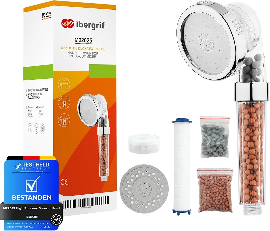 Ibergrif Alcachofa de Ducha Alta Presión con Filtro, 3 Modos De Rociado | Alcachofa de Ducha con Filtro Iónico Antical, Ahorro De Agua, Alta Presión, Mejora Piel y Cabello – Manguera no Incluida