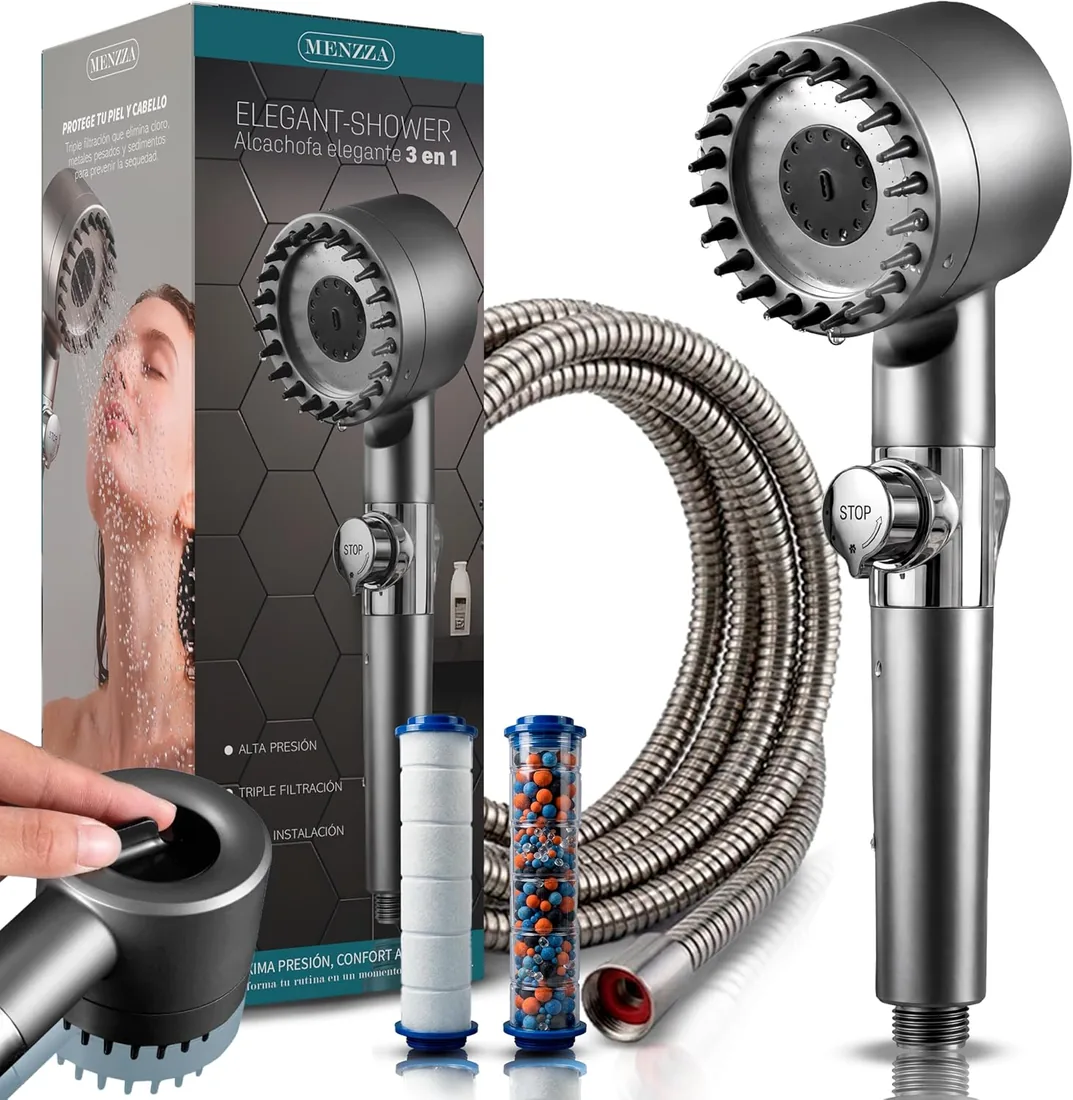 Kit Alcachofa De Ducha Con Filtro De 15 Etapas + Manguera De 1,5M I Cabezal Ducha Alta Presion 4 en 1 Con Botón Stop y 1 + 2 Filtros Antical De Repuesto I Cabezal Masaje + Exfoliacion Capilar.