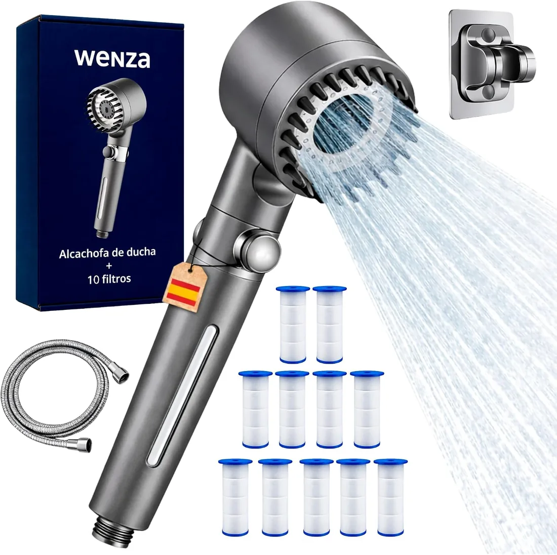 WENZA Alcachofa de Ducha con filtro Antical Alta Presión Aquapure | Oasis Cabezal de Ducha con 10 filtros Alta presión con Manguera 1,5 m y Soporte Pared