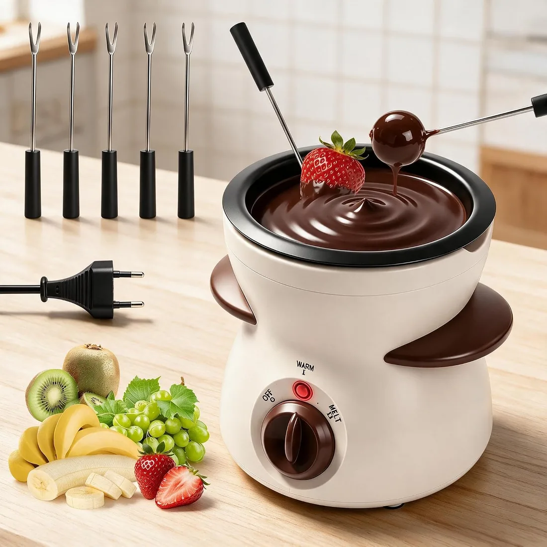 Fondue eléctrica de Chocolate con 5 Tenedores | Chocolate con 2 Niveles De Temperatura Para Queso, Fondue Familiar, Postre