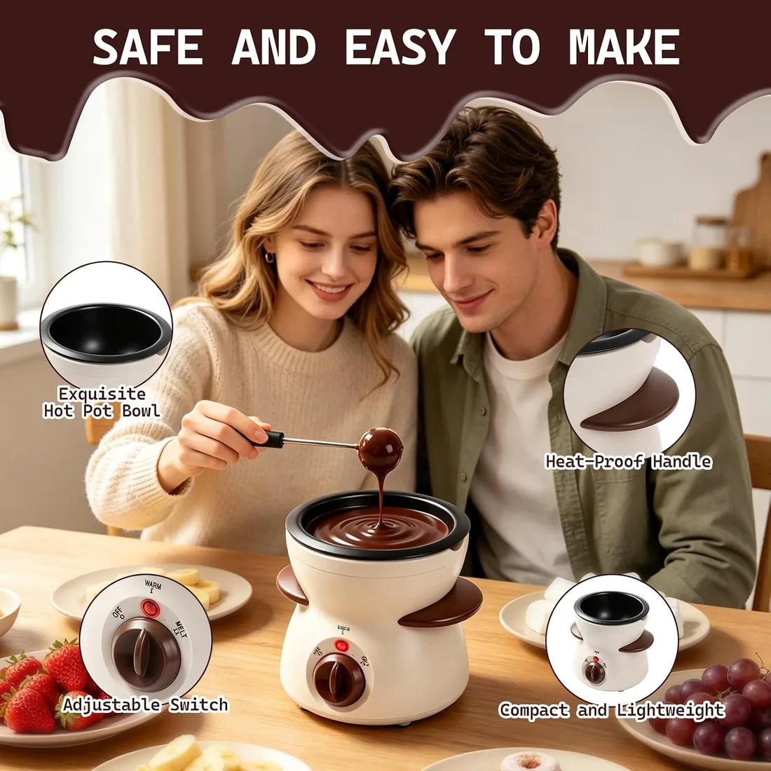 Fondue eléctrica de Chocolate con 5 Tenedores | Chocolate con 2 Niveles De Temperatura Para Queso, Fondue Familiar, Postre foto 3