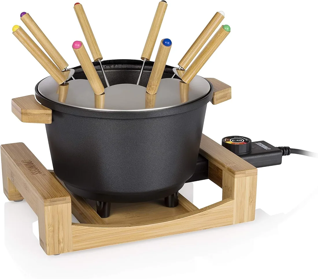 Princess 173025 Fondue Pure con carcasa de bambú y volumen de 1.5 L, adecuada para 8 personas para fondue de queso, chocolate, caldo o aceite, olla de aluminio fundido a presión, 800 W, Negro y bambú foto 2