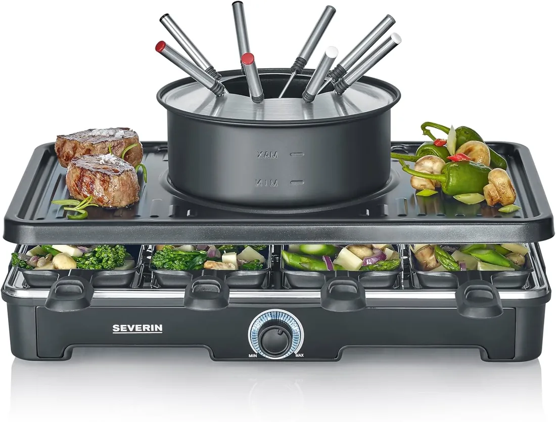 SEVERIN Combinación fondue/raclette para 8 personas, parrilla 2 en 1, revestimiento antiadherente, incluye 8 sartenes, raspadores y tenedores para fondue, apto para lavavajillas, RG 2347