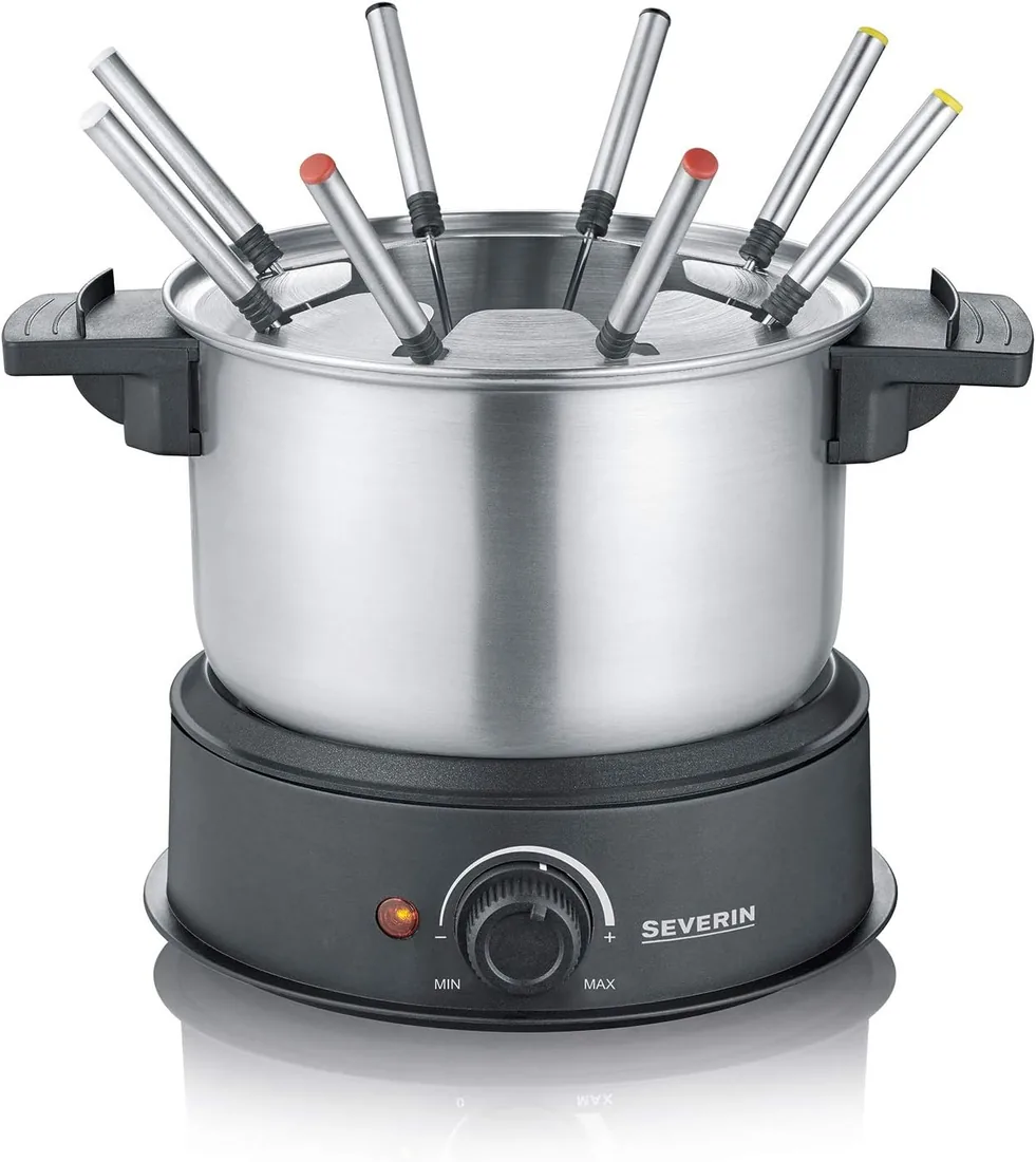 Severin - Fondue con Olla de Acero Inoxidable extraíble Apta para lavavajillas, 1.5 W, 1.4 litros, Plástico/Acero Inoxidable, Negro FO 2470